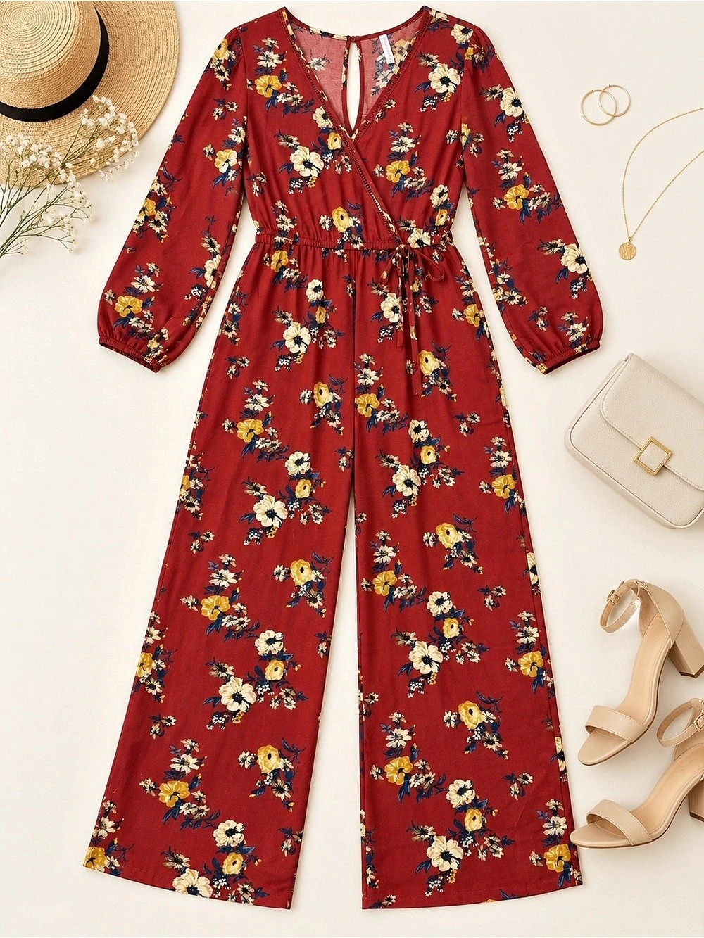 Xhilaration Floral Wrap Wide Leg Jumpsuit Size L Rust Red Boho